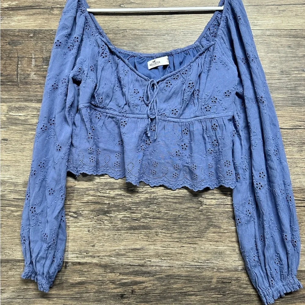 Hollister Blue Long Sleeve Crop Blouse with Tie Front and Smocked Design